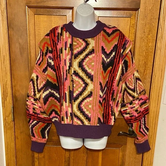 FARM Rio Red Striped Patchwork Sweater slouchy shoulders  chevron pattern Small - Picture 2 of 10
